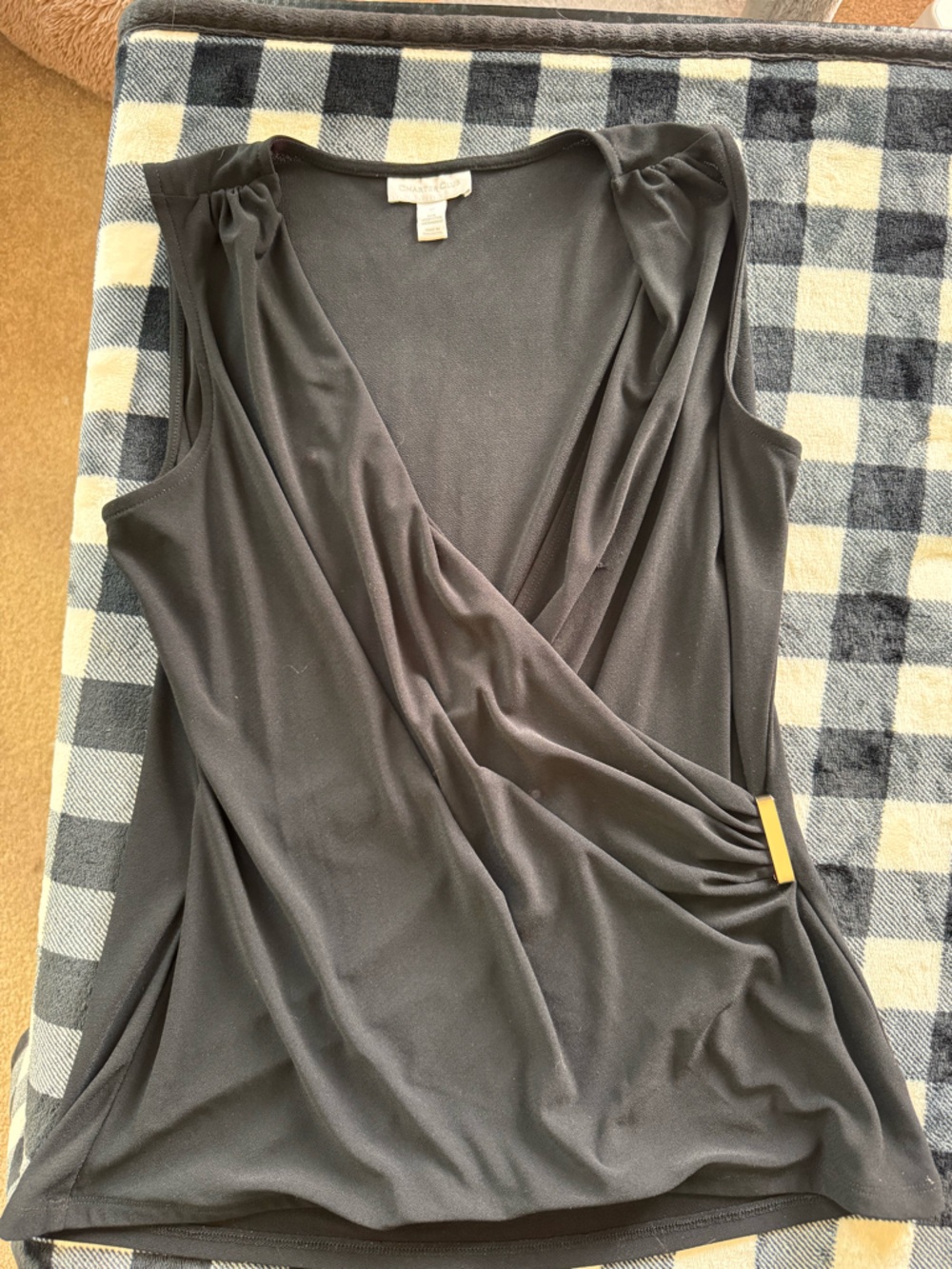 Charter Club Black Sleeveless Wrap-Front Tank with Gold Accent